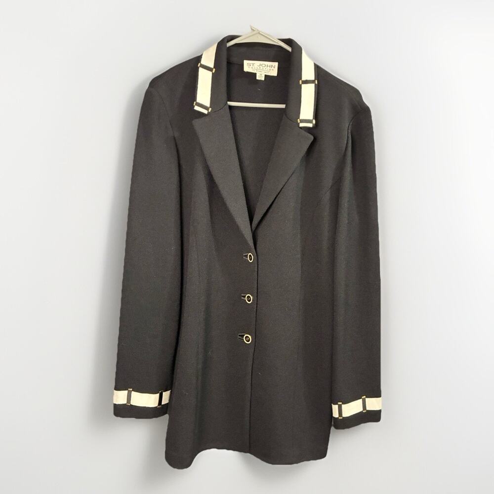 Vintage St. John Evening Black Knit Blazer – Gold & Ivory Trim – Size 14 *READ